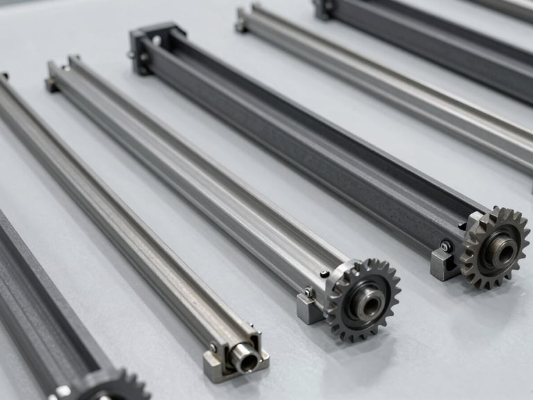 A neat grid of industrial conveyor components, steel guide rails, sprockets, and rollers on a clean gray workspace, professional daylight