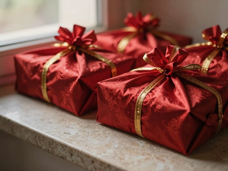 Close-up shot of traditional Indian return gifts, beautifully wrapped in rich crimson silk with gold thread ties, resting on a clean stone surface, warm window light.
