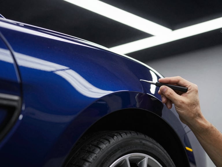 Macro shot of a technician inspecting a polished dark blue sports car fender under bright linear LED lights, showing a flawless mirror reflection