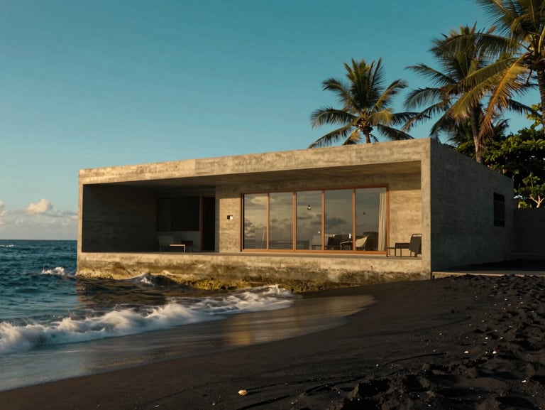 Architectural concrete villa opening to an empty black-sand beach, slow-shutter waves, golden hour, 35mm lens