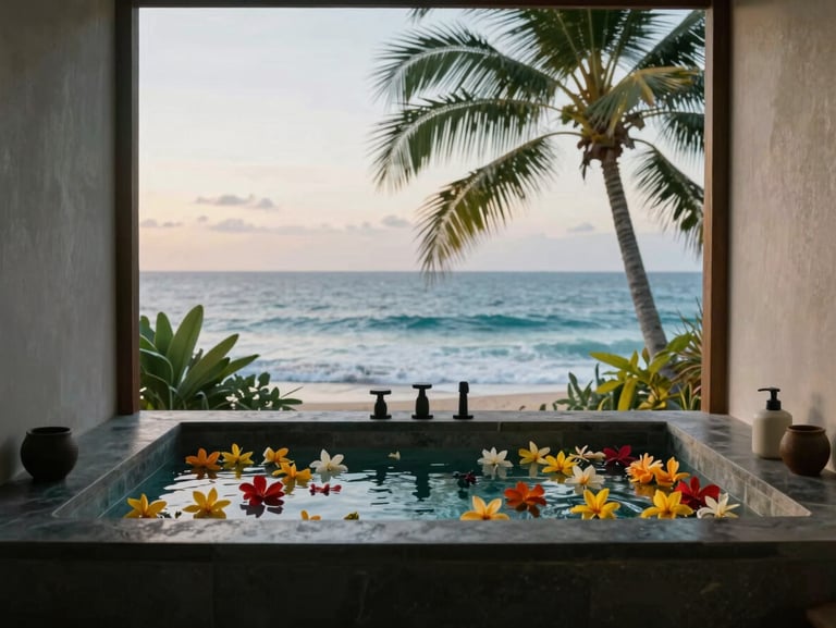 A quiet minimalist spa interior in Canggu, natural stone bath filled with local flowers, soft tropical overcast light