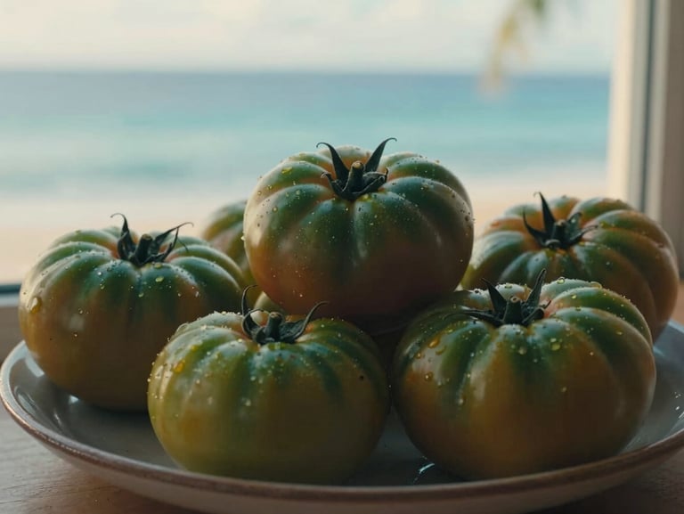 Close-up of locally sourced organic heirloom tomatoes on a handmade ceramic plate, soft side window light, 35mm lens