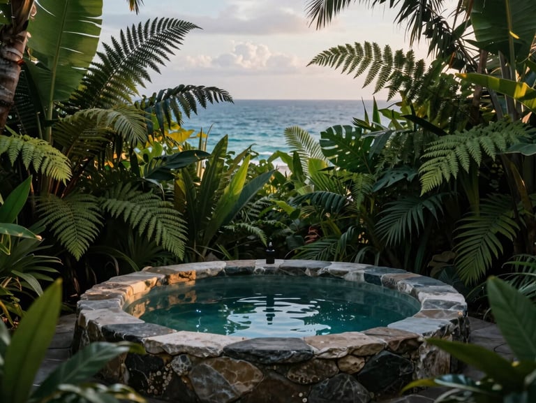 A quiet stone bath surrounded by tropical ferns, soft overcast light, deep emerald tones, 35mm lens