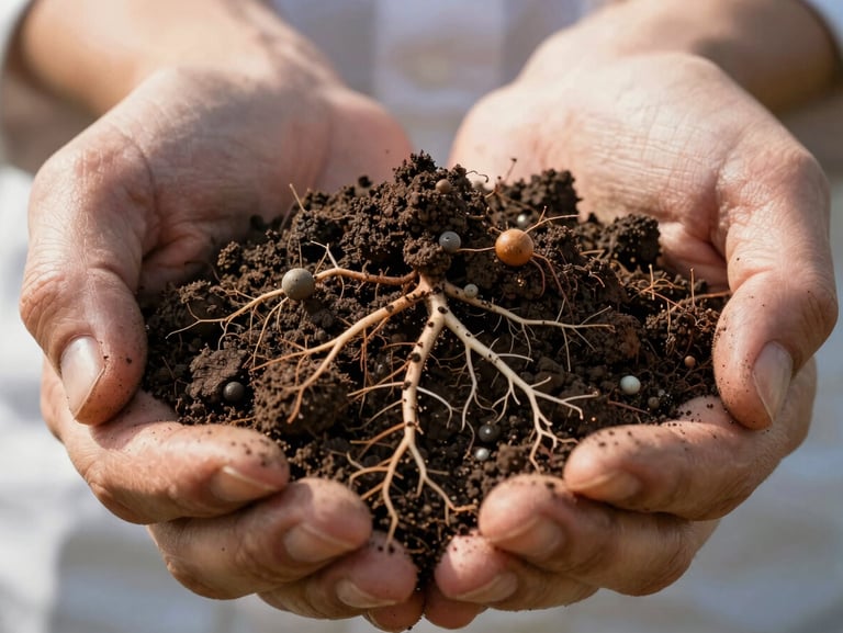Extreme close-up of dark, porous, nutrient-rich soil held in hands of an agronomist, detailed root systems with active biological nodules visible under bright morning sunlight.
