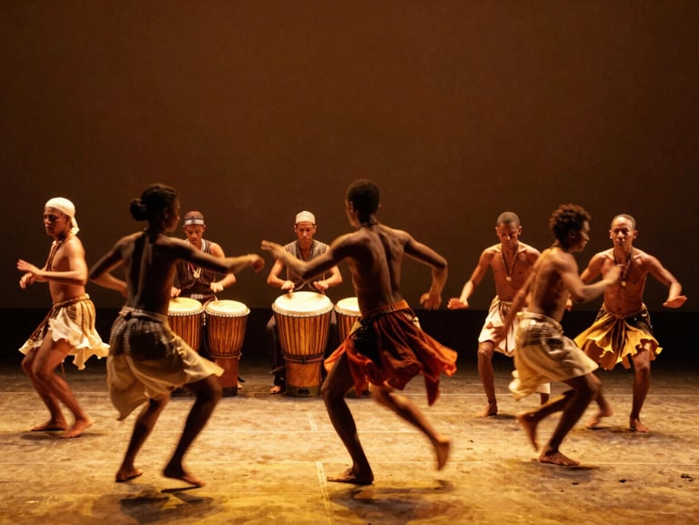 Wide environmental stage shot of dancers in dynamic motion blur, traditional atabaque drums visible in the background, warm golden lighting