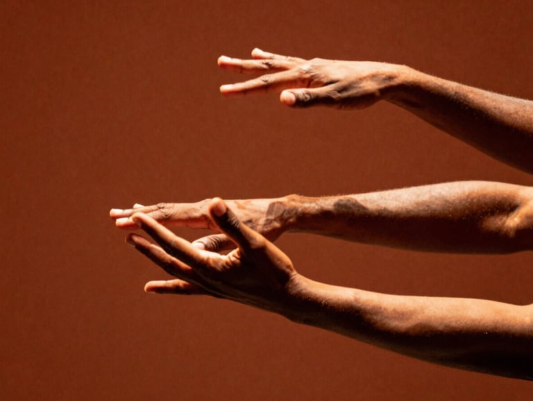 Close-up of expressive hands of an Afro-Brazilian dancer, warm theatrical spotlight, rich earthy terracotta background, high-contrast shadows