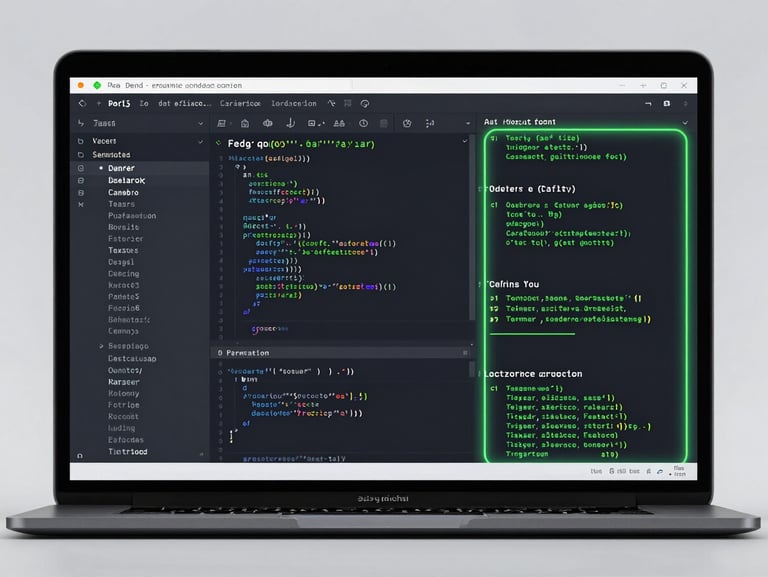 Front-on clean browser mockup displaying a dark-mode code editor with live electric green syntax highlighting, neon terminal output window on the right, high contrast, cool screen glow.