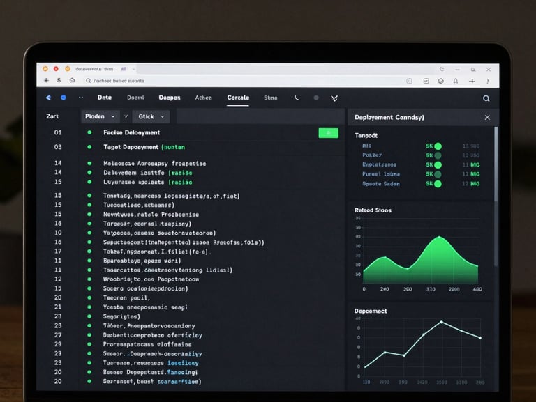 A dark mode browser mockup displaying a terminal interface with active deployment logs, green success indicators, and live network latency graphs.