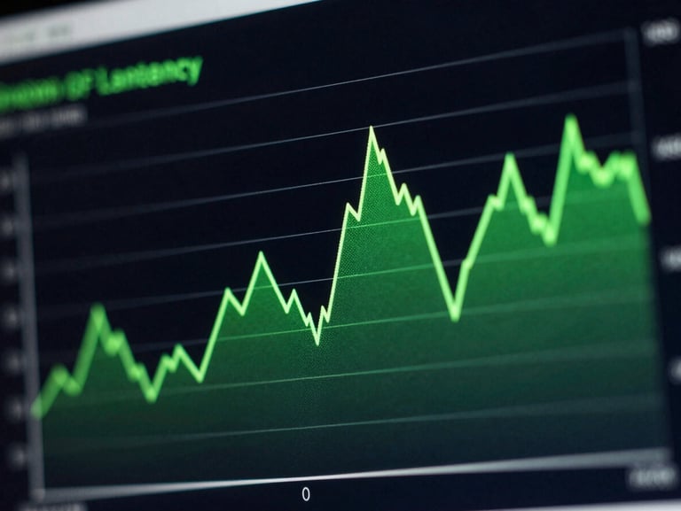 Macro close-up of a system latency dashboard on a dark screen, glowing electric green uptime graph, minimal grid lines, high-contrast terminal aesthetic.