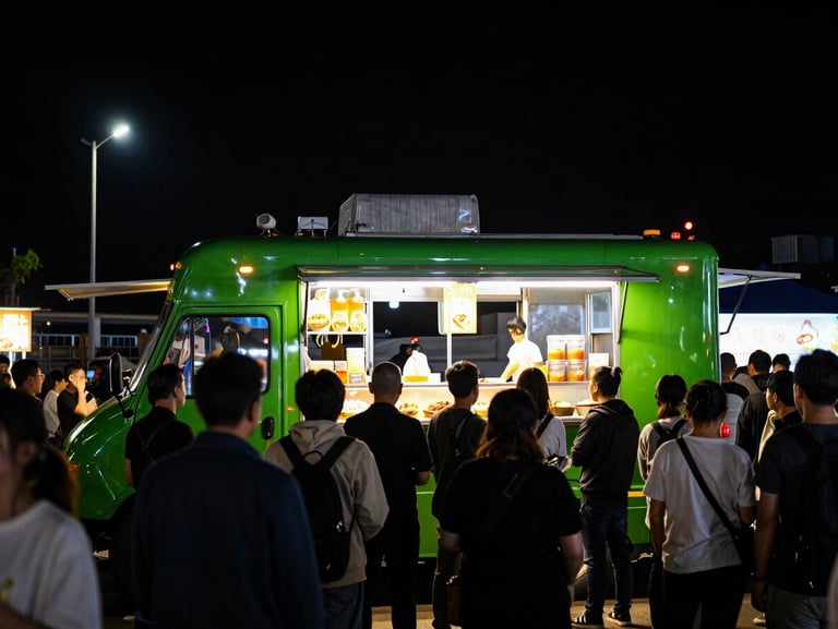 A glowing green food truck at night surrounded by a crowd of hungry people under streetlights, high-contrast night-market food photography