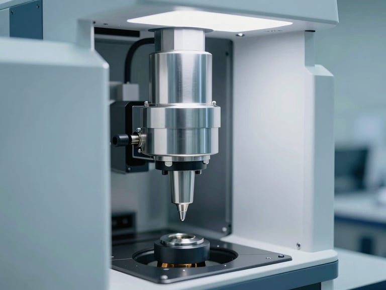 A close-up of a high-end mass spectrometer chamber, illuminated with a cool clinical white light, showing pristine metallic surfaces and micro-nozzles.