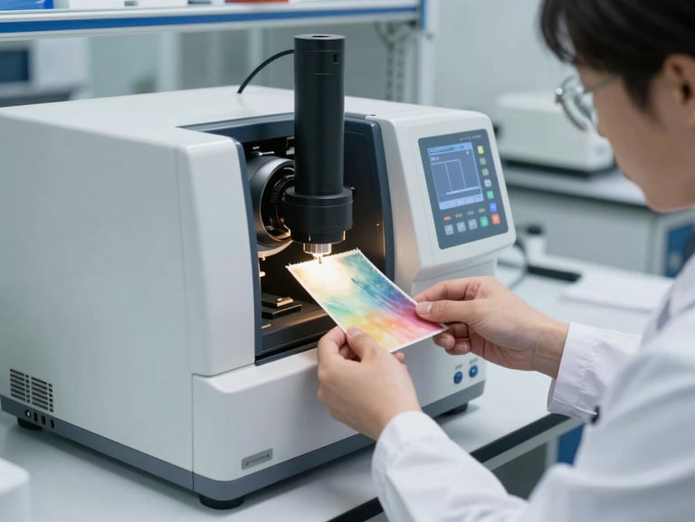 A laboratory technician in a clean industrial lab calibrating a digital spectrophotometer, holding a dyed fabric sample under calibrated light.