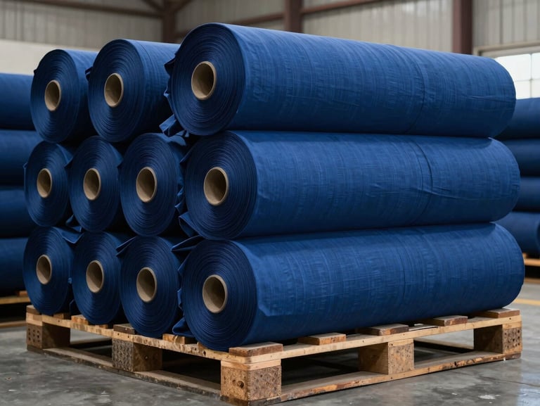Heavy rolls of finished, deep steel-blue dyed fabric stacked neatly on industrial pallets inside the Kot Abdul Malik facility, high-contrast warehouse lighting.