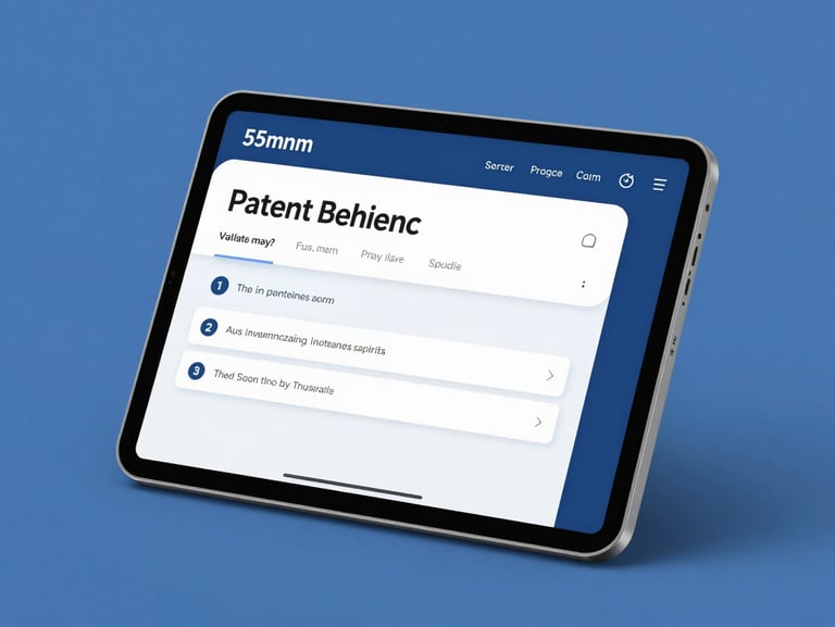 A sleek tablet showing a patient portal interface with clean typography, cool blue tones, crisp editorial photography, 35mm