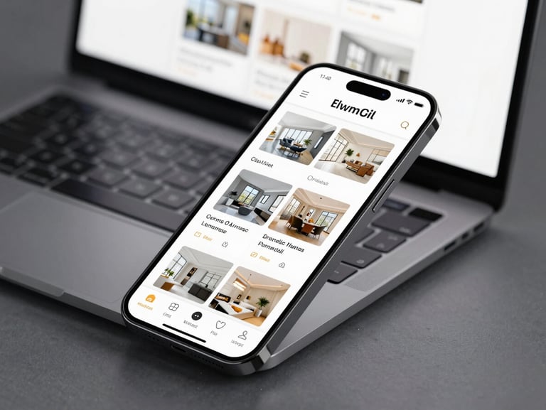 A modern smartphone displaying a clean, responsive real estate website showing premium properties, sharp focus, cool studio lighting, 35mm