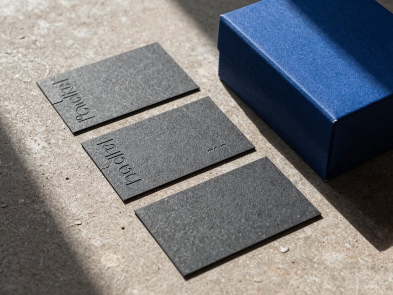 High-contrast photograph of physical brand collateral, including embossed charcoal business cards and custom slate blue boxes, resting on a raw clay surface under sharp afternoon sunlight.