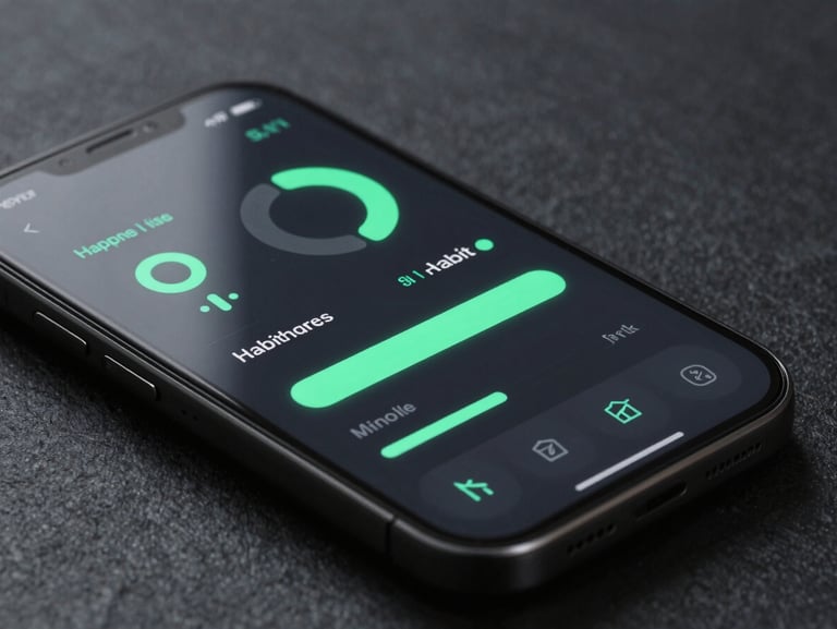High-fidelity Android mockup of a mobile habit dashboard, glowing mint-green streak indicators, dark mode slate UI, sharp technical lines.