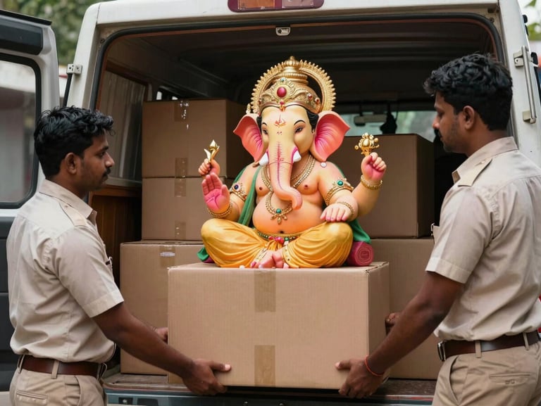 Ganpati crew members in uniform carefully loading heavy-duty cardboard boxes onto a clean transport vehicle.