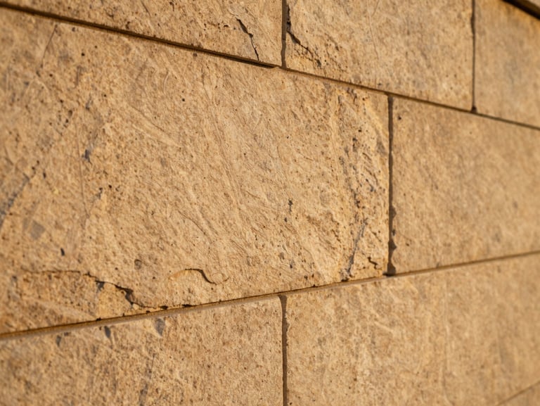 Close-up of hand-dressed limestone masonry on an elegant retaining wall, warm golden-hour light highlighting the rich texture, shallow depth of field.