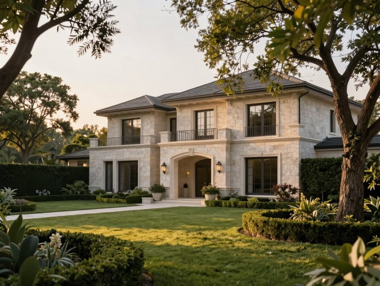 A master-planned manicured garden with mature specimen trees framing a luxury stone residence, soft golden-hour light.
