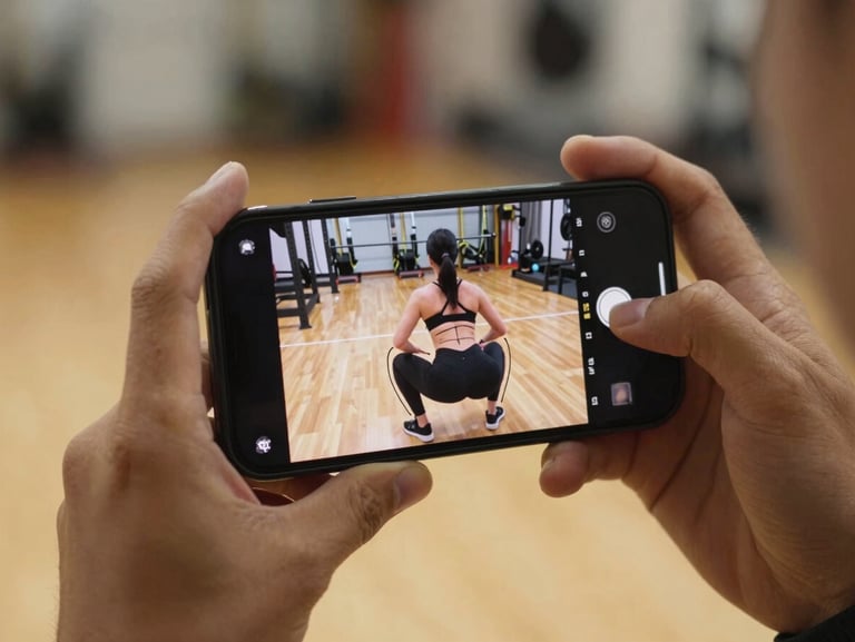 Close-up of hands holding a smartphone displaying a video of a squat execution with overlay drawing lines for posture correction, warm gym background.