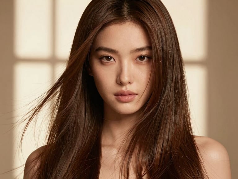 Elegant portrait of a woman with perfectly aligned, glossy, healthy hair, soft studio lighting, high-end editorial style