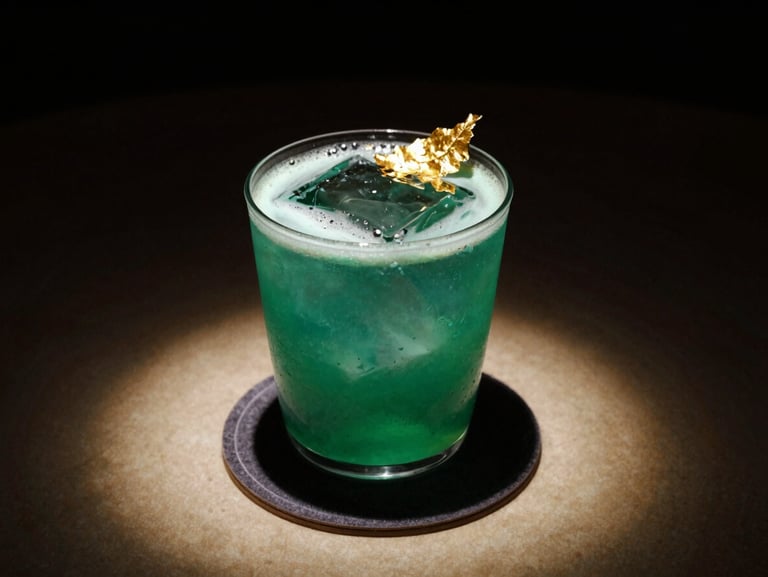 A vibrant emerald cocktail garnished with edible gold leaf, resting on a dark velvet coaster under a spotlight