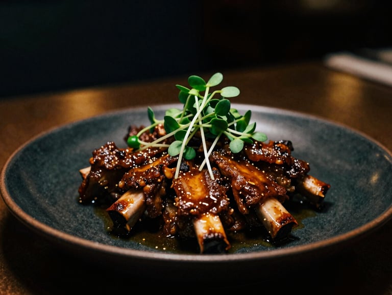 Close-up of braised short ribs on a dark ceramic plate, microgreens, moody low-key lounge lighting, rich shadows