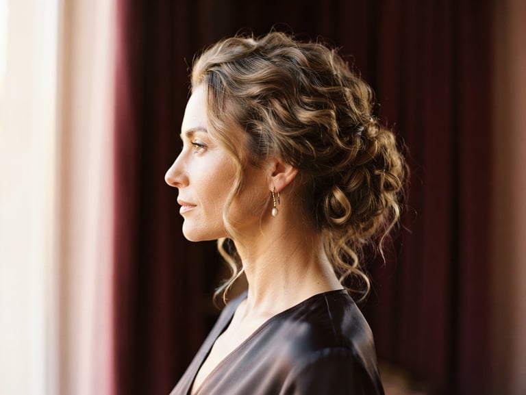 Elegant side profile of a woman with her hair styled in a loose, sophisticated updo, soft golden-hour window light, rich maroon background, shallow depth of field