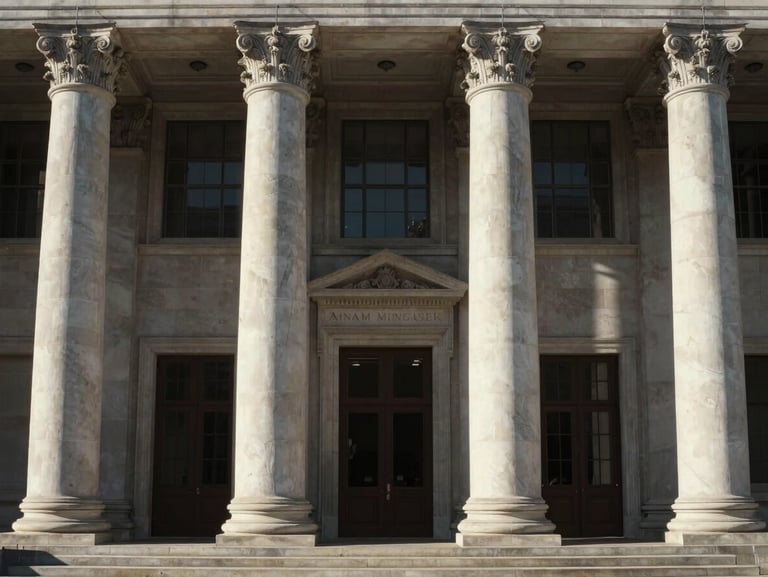 Symmetric architectural view of a sovereign financial institution facade, crisp morning light, heavy stone pillars, formal composition.