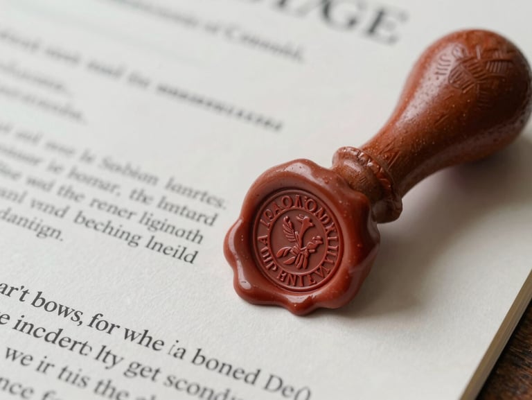 A close-up of a physical trade document with an official embossed wax seal and structured legal text, high-contrast executive lighting.