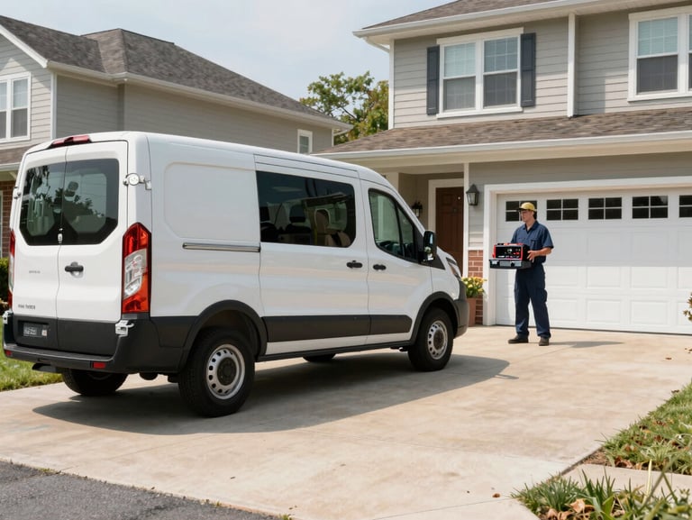 Branded service van parked in a clean suburban driveway in Philadelphia, bright daylight, technician carrying a technical diagnostic kit toward the house.