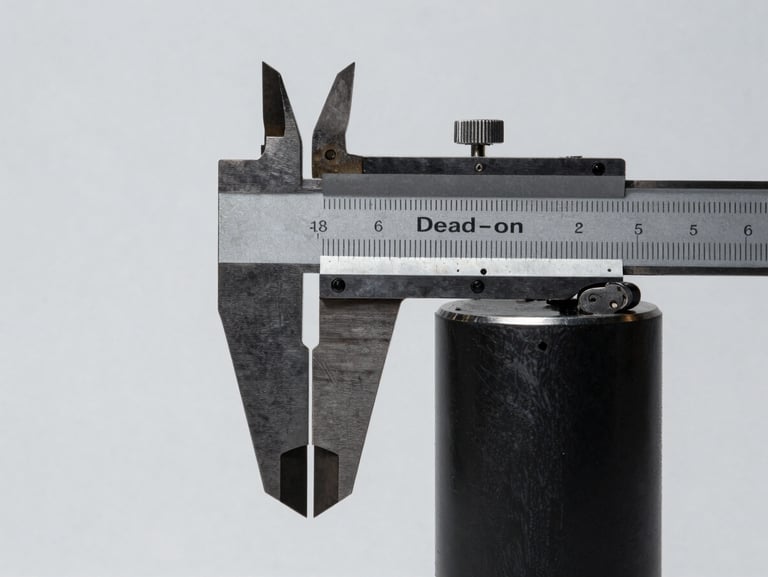 Dead-on eye-level profile of a mechanical caliper measuring a matte black metal cylinder, stark studio lighting, neutral light gray background, high-contrast.