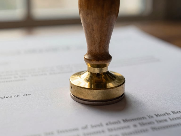A close-up macro shot of an official brass notary stamp pressing onto high-quality legal paper, warm natural window light highlighting the texture of the paper