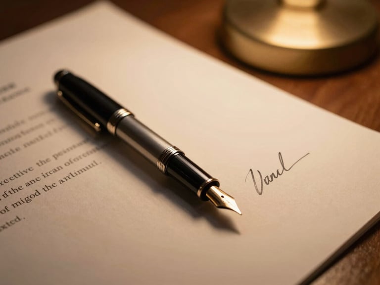 Close-up of a fountain pen resting beside a hand-signed agreement on textured paper, warm desk lamp lighting, intimate and reassuring.