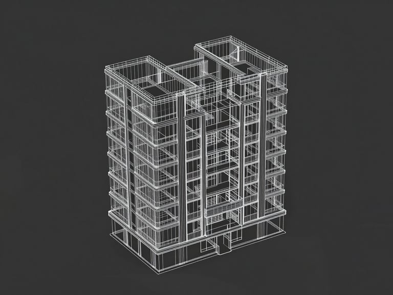 Technical screenshot of a complex 3D wireframe mesh of a residential building in Rhinoceros, clean white lines on a dark charcoal background.