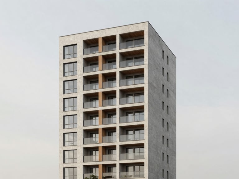 Finished architectural render of the same residential building, soft overcast daylight, realistic concrete and timber textures.