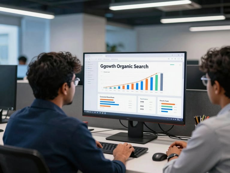 A modern Indian tech workspace in Mohali with a team reviewing high-growth organic search traffic analytics on a large monitor, cool blue ambient tones, 35mm