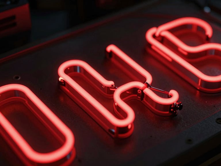 Macro close-up of fabricated 3D acrylic letters, glowing crimson red neon light, showing material depth and structural precision in a dark workshop setting