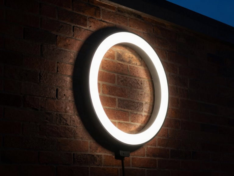 A glowing double-sided round projection sign on a brick wall at dusk, warm white LED illumination, high contrast shadows