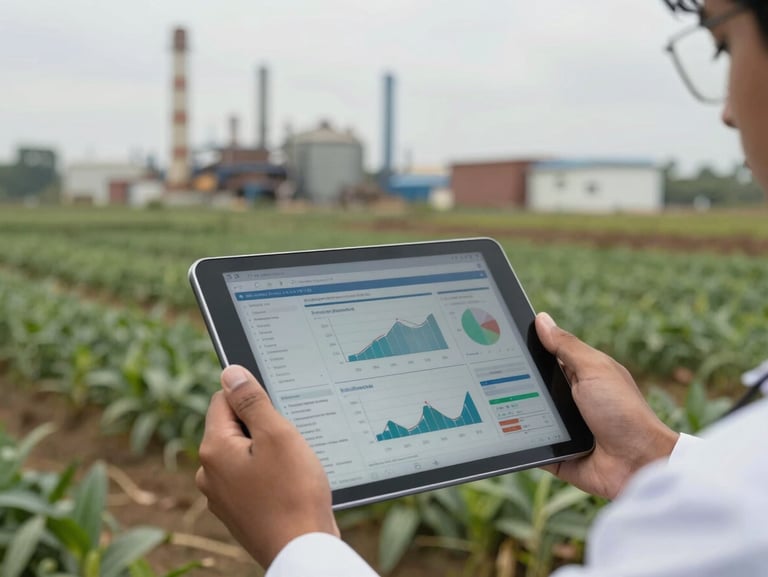A close-up of a researcher's hands holding a digital tablet displaying data charts in an outdoor South Asian industrial field setting, natural overcast daylight.