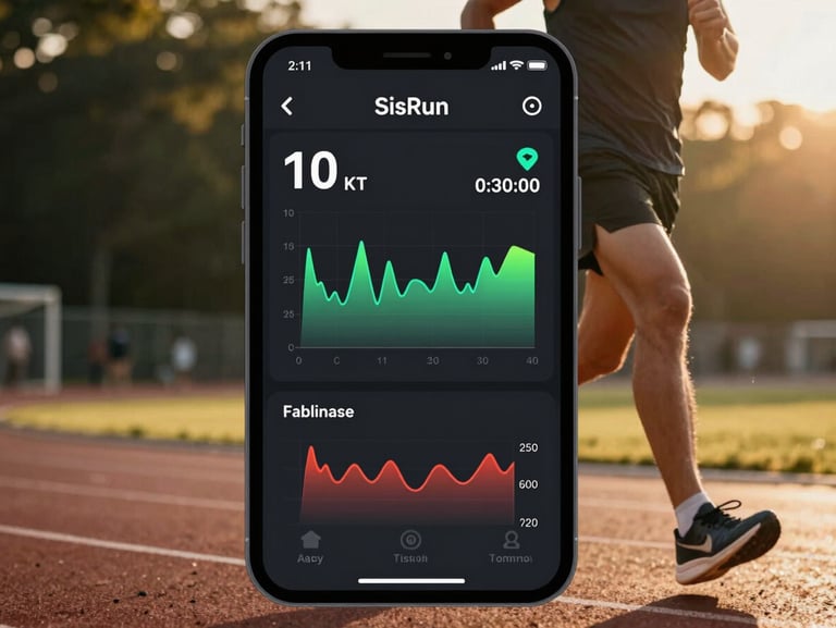 Clean screenshot of SisRun mobile app showing a colorful running pace graph and split times, high contrast, modern UI