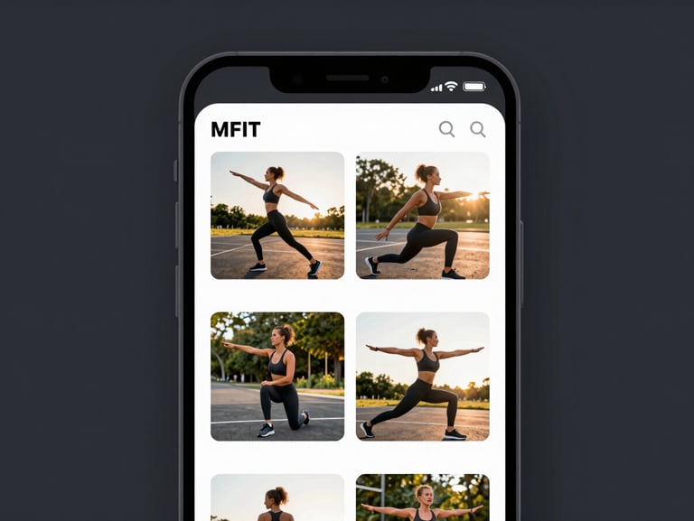 Clean screenshot of MFIT Personal mobile app showing a strength training workout screen with video demonstration thumbnails, modern dark UI