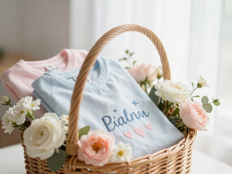 A close-up shot of a curated pastel gift basket filled with a personalized tee and delicate florals, soft morning light