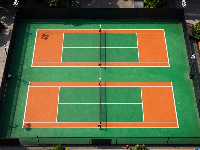 Top-down architectural grid of a professional pickleball court layout, painted in electric green and high-visibility orange, crisp stadium floodlights casting sharp lines.