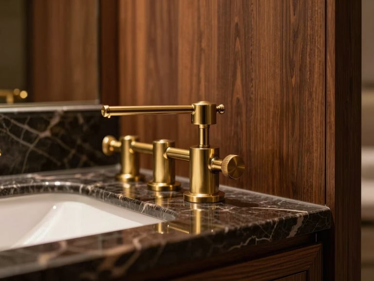 Extreme close-up of premium interior finishes in a hotel suite, showing polished dark marble counter, brushed brass fixtures, and rich walnut wood paneling under soft warm light.