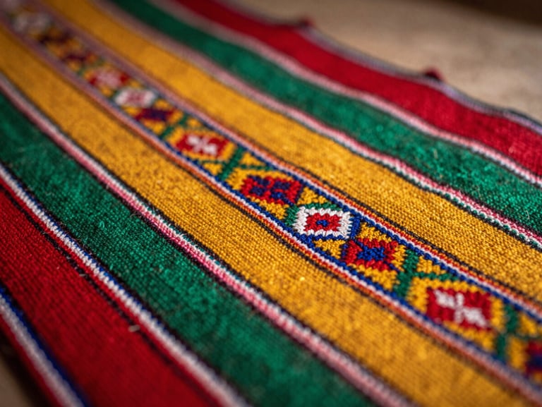 Macro shot of traditional Bolivian aguayo textile, focusing on the intricate red, yellow, and green hand-woven patterns under soft, warm side light.