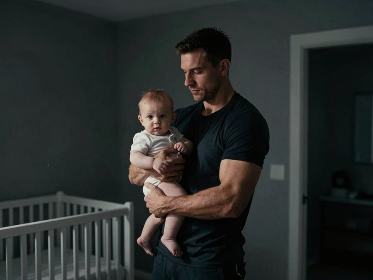 Cinematic medium portrait of an athletic father holding an infant in a minimalist dark-toned nursery, dramatic side-lighting, high contrast, 35mm film.