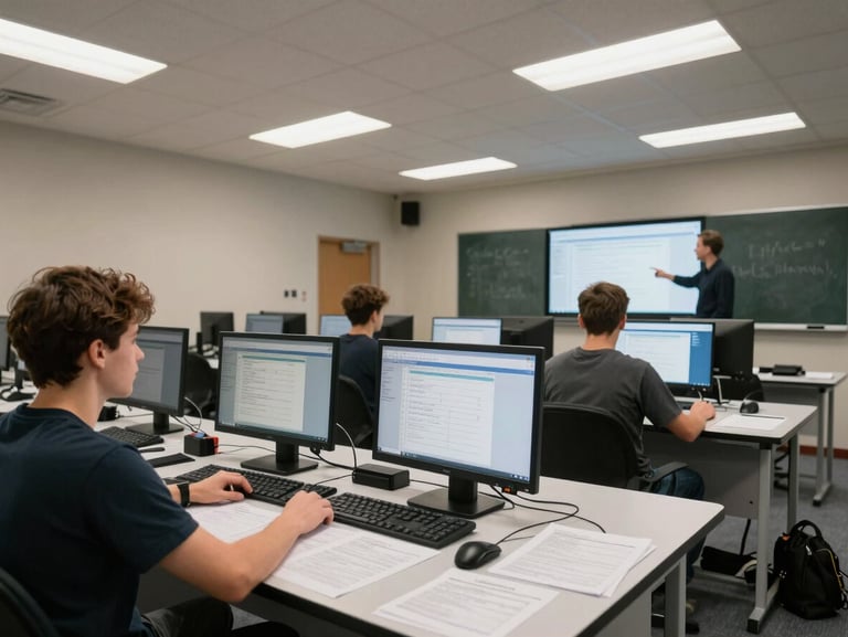 Wide shot of a training room — three trainees seated at workstations with monitors displaying data tables, overhead lab-grade fluorescent lighting, printed protocol sheets on desks, instructor standing at the far end pointing at a wall-mounted display, no faces in clear focus