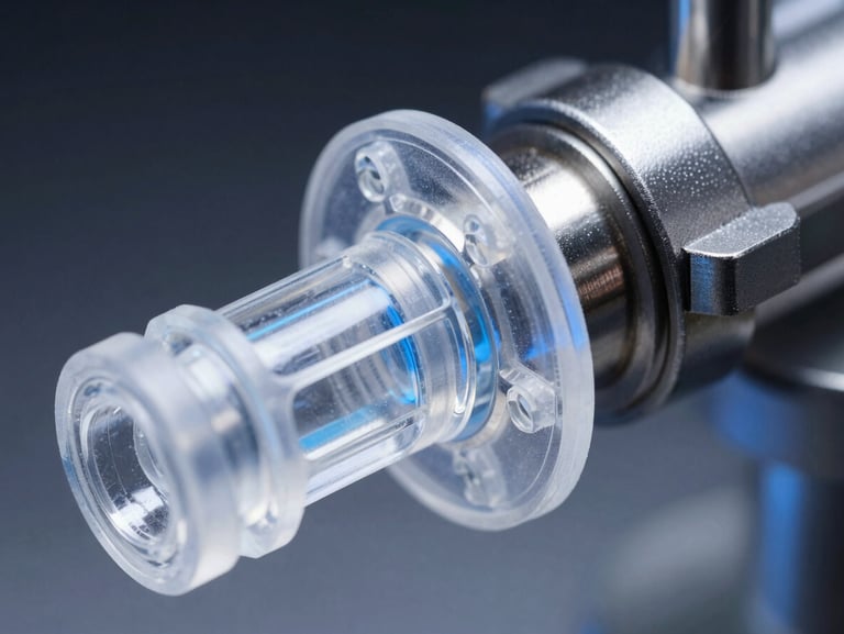 Macro shot of a high-precision medical manifold printed in clear biocompatible resin under cool blue highlights.